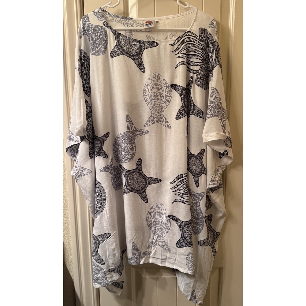 Makai Beach Hawaii Kaftan Cover Up One Size White Boho Mandala Turtle Fish Rayon